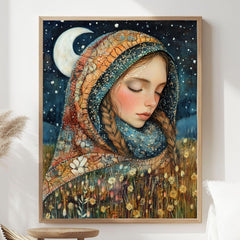 Moonlit Girl Wooden Canvas Art, Dreamy Night Sky Portrait Decor,Whimsical Starry Artwork for Boho Bedrooms and Magical Storybook Home Spaces