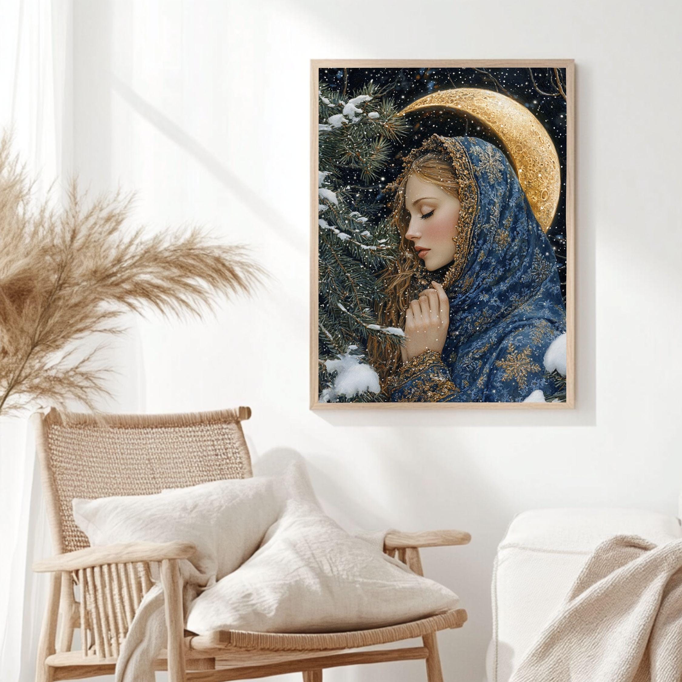 Golden Crescent Girl Wooden Canvas Art, Winter Moonlit Portrait Wall Decor, Enchanted Snowy Night Artwork for Cozy Magical Home Interiors