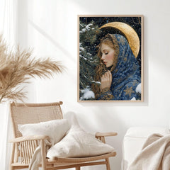 Golden Crescent Girl Wooden Canvas Art, Winter Moonlit Portrait Wall Decor, Enchanted Snowy Night Artwork for Cozy Magical Home Interiors
