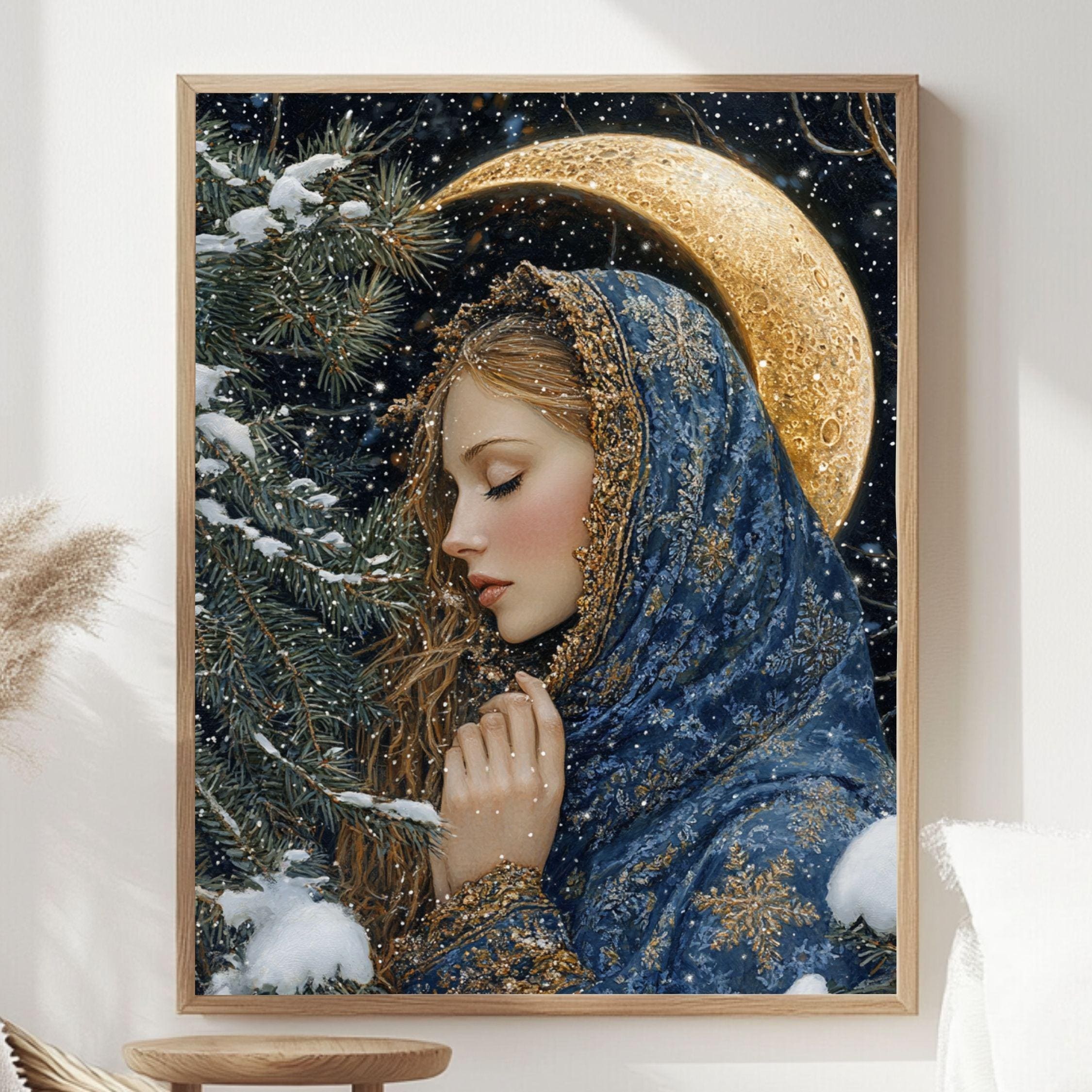 Golden Crescent Girl Wooden Canvas Art, Winter Moonlit Portrait Wall Decor, Enchanted Snowy Night Artwork for Cozy Magical Home Interiors