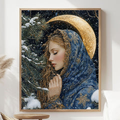 Golden Crescent Girl Wooden Canvas Art, Winter Moonlit Portrait Wall Decor, Enchanted Snowy Night Artwork for Cozy Magical Home Interiors