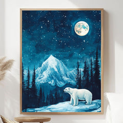 Polar Bear Moonlight Wooden Canvas Art, Arctic Night Landscape Wall Decor, Wilderness Artwork for Winter Homes and Nature Themed Spaces