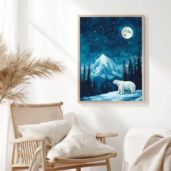 Polar Bear Moonlight Wooden Canvas Art, Arctic Night Landscape Wall Decor, Wilderness Artwork for Winter Homes and Nature Themed Spaces