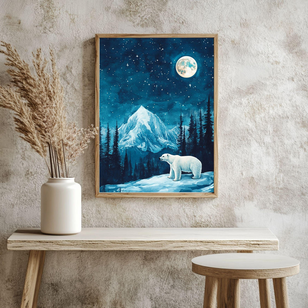 Polar Bear Moonlight Wooden Canvas Art, Arctic Night Landscape Wall Decor, Wilderness Artwork for Winter Homes and Nature Themed Spaces