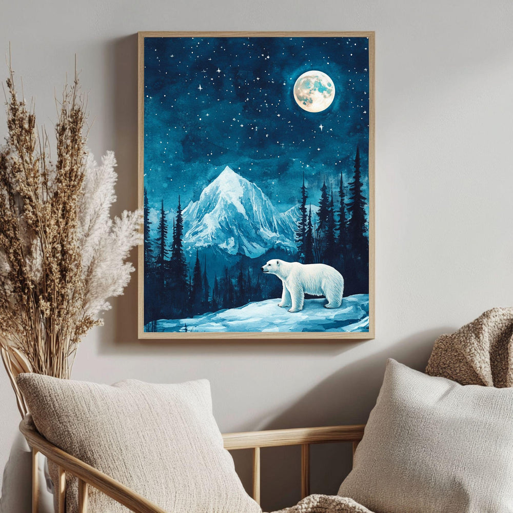 Polar Bear Moonlight Wooden Canvas Art, Arctic Night Landscape Wall Decor, Wilderness Artwork for Winter Homes and Nature Themed Spaces