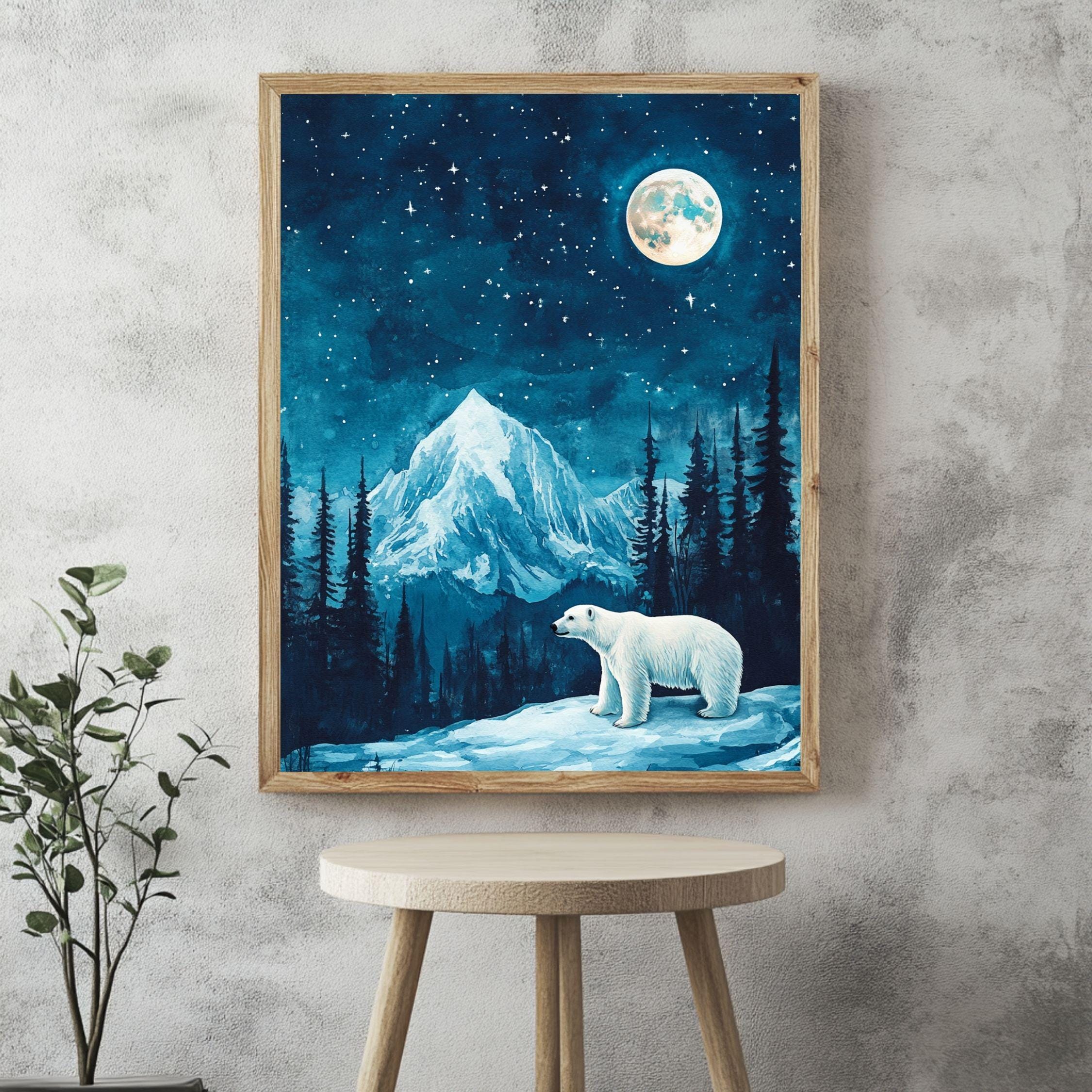 Polar Bear Moonlight Wooden Canvas Art, Arctic Night Landscape Wall Decor, Wilderness Artwork for Winter Homes and Nature Themed Spaces
