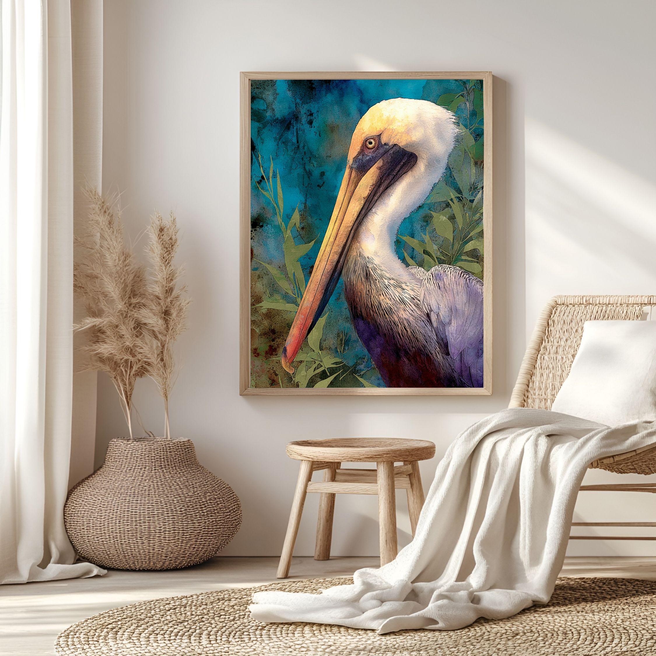 Pelican Marsh Wooden Canvas Art, Coastal Wildlife Bird Wall Decor, Teal Nature Scene Artwork for Beach House, Lake Cabin, and Home Interiors
