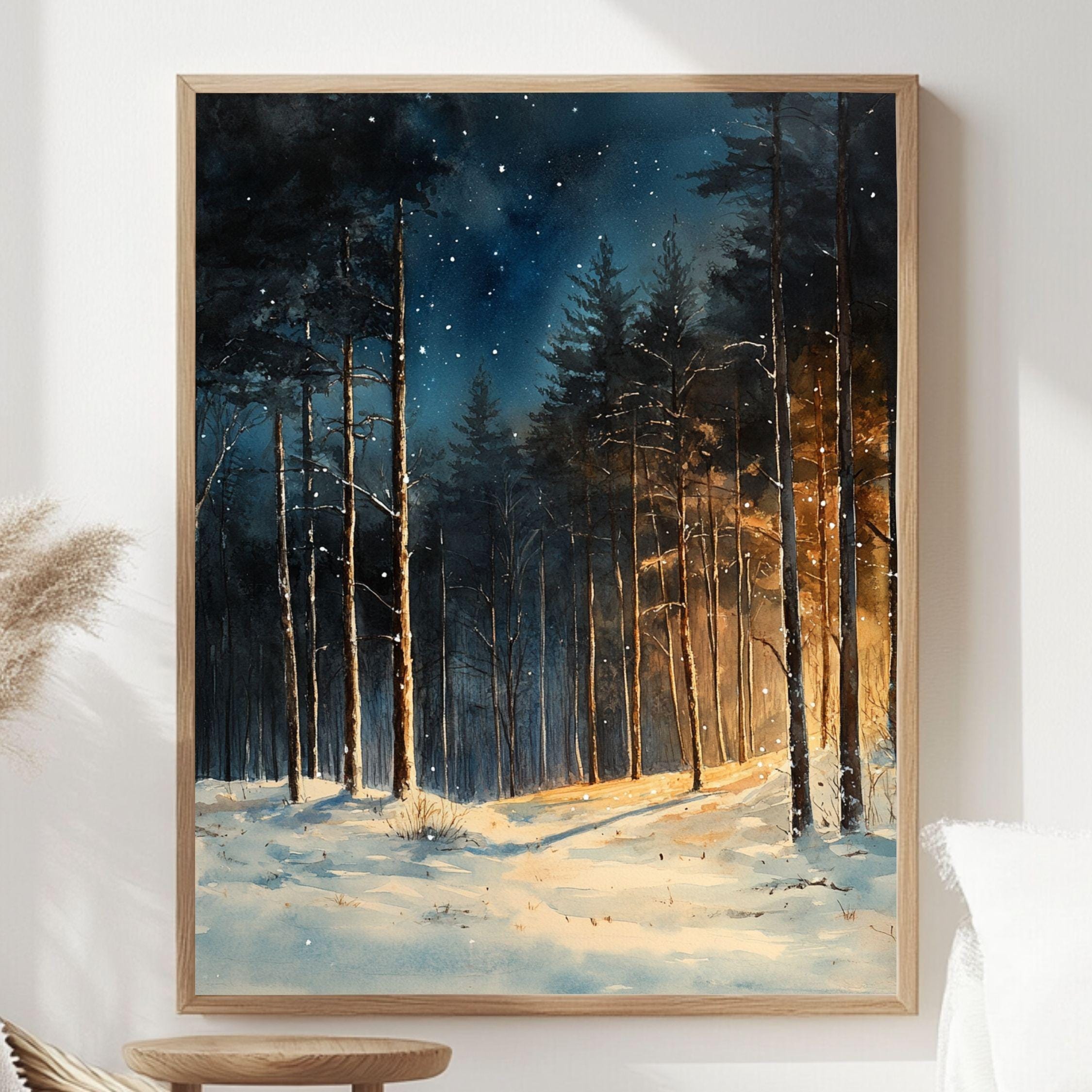 Winter Forest Glow Framed Canvas Art, Snowy Woodland Night Illumination Wall Decor