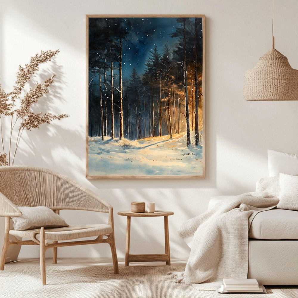 Winter Forest Glow Framed Canvas Art, Snowy Woodland Night Illumination Wall Decor