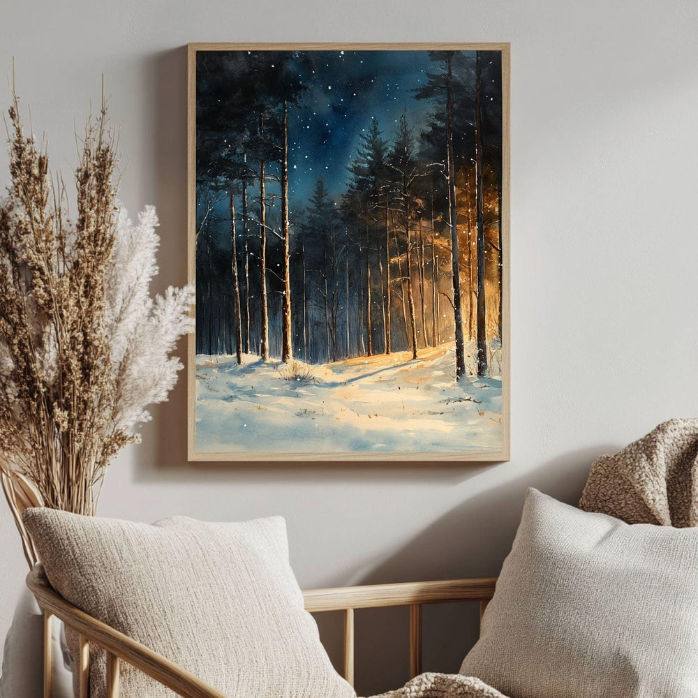 Winter Forest Glow Framed Canvas Art, Snowy Woodland Night Illumination Wall Decor