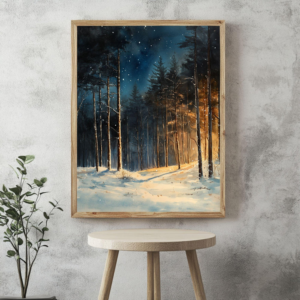 Winter Forest Glow Framed Canvas Art, Snowy Woodland Night Illumination Wall Decor
