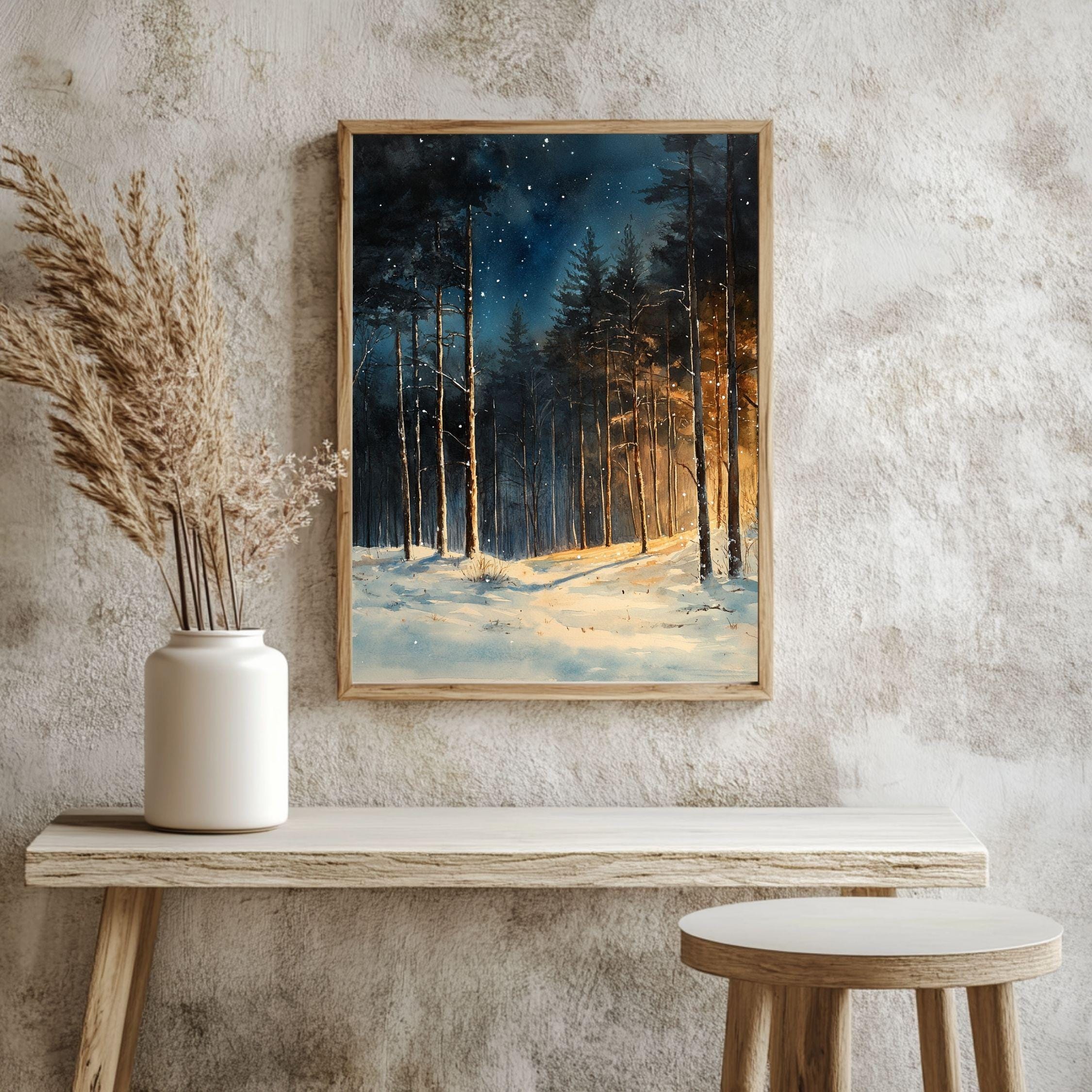Winter Forest Glow Framed Canvas Art, Snowy Woodland Night Illumination Wall Decor