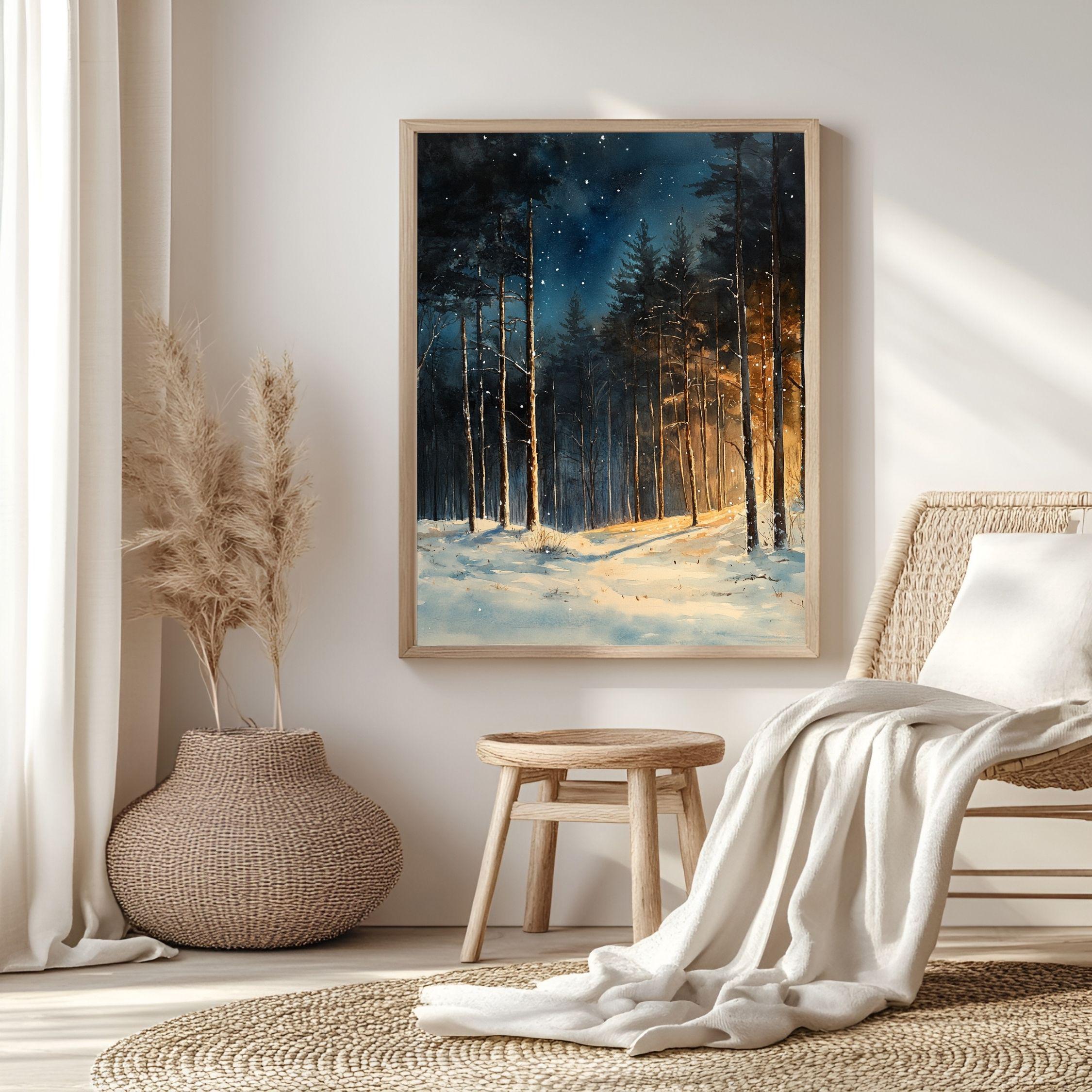 Winter Forest Glow Framed Canvas Art, Snowy Woodland Night Illumination Wall Decor