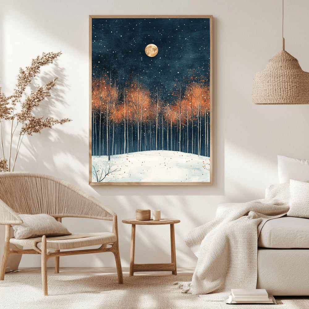Moonlit Autumn Grove Framed Canvas Art, Starry Night Woodland Landscape Wall Decor