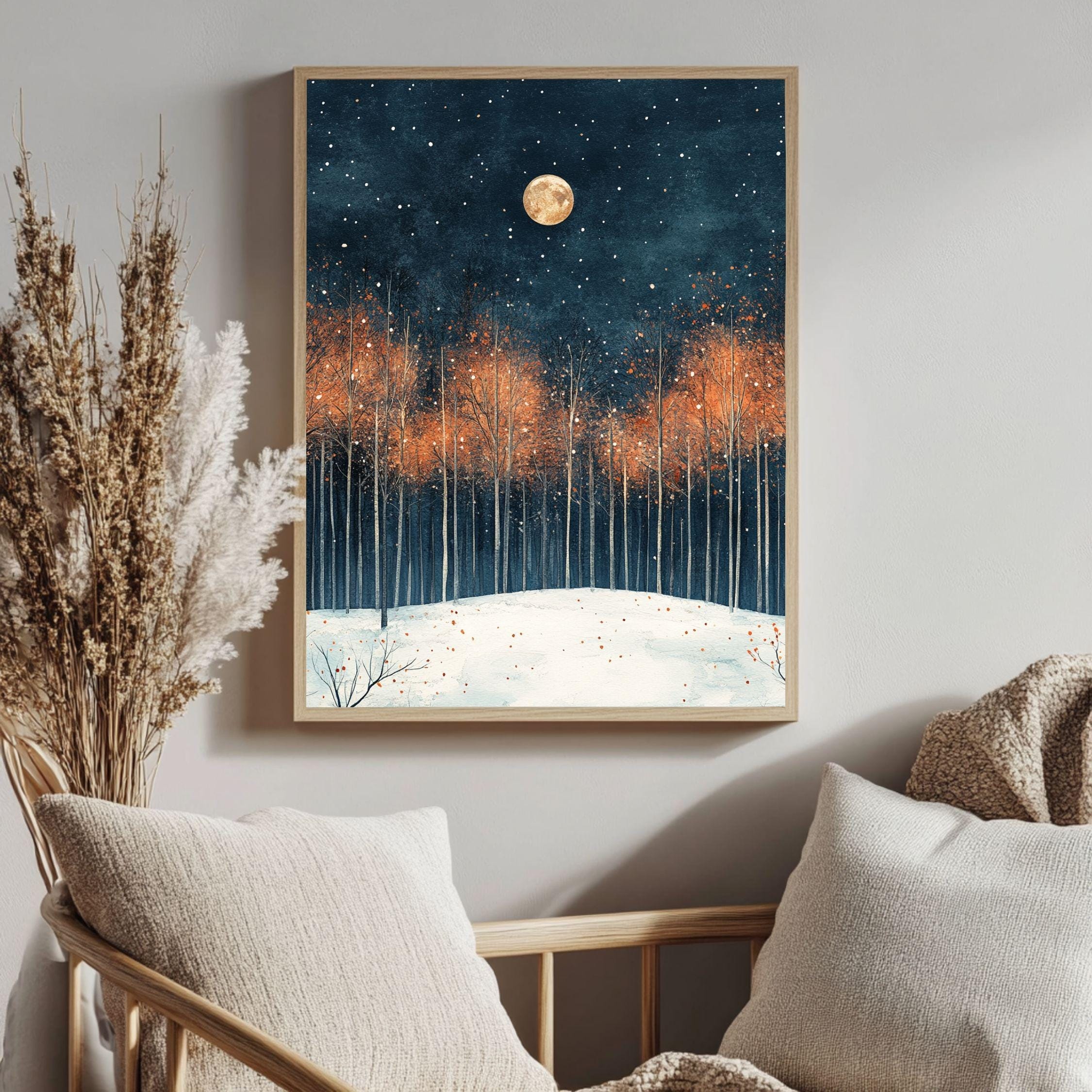 Moonlit Autumn Grove Framed Canvas Art, Starry Night Woodland Landscape Wall Decor