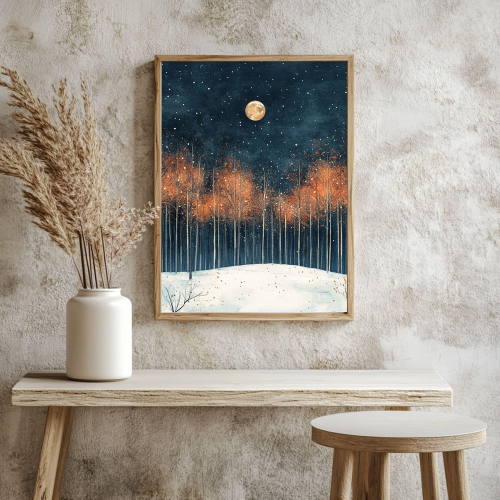 Moonlit Autumn Grove Framed Canvas Art, Starry Night Woodland Landscape Wall Decor