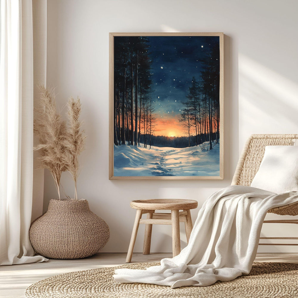 Sunset Forest Trail Framed Canvas Art, Snowy Woodland Glow Winter Wall Decor