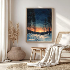 Sunset Forest Trail Framed Canvas Art, Snowy Woodland Glow Winter Wall Decor