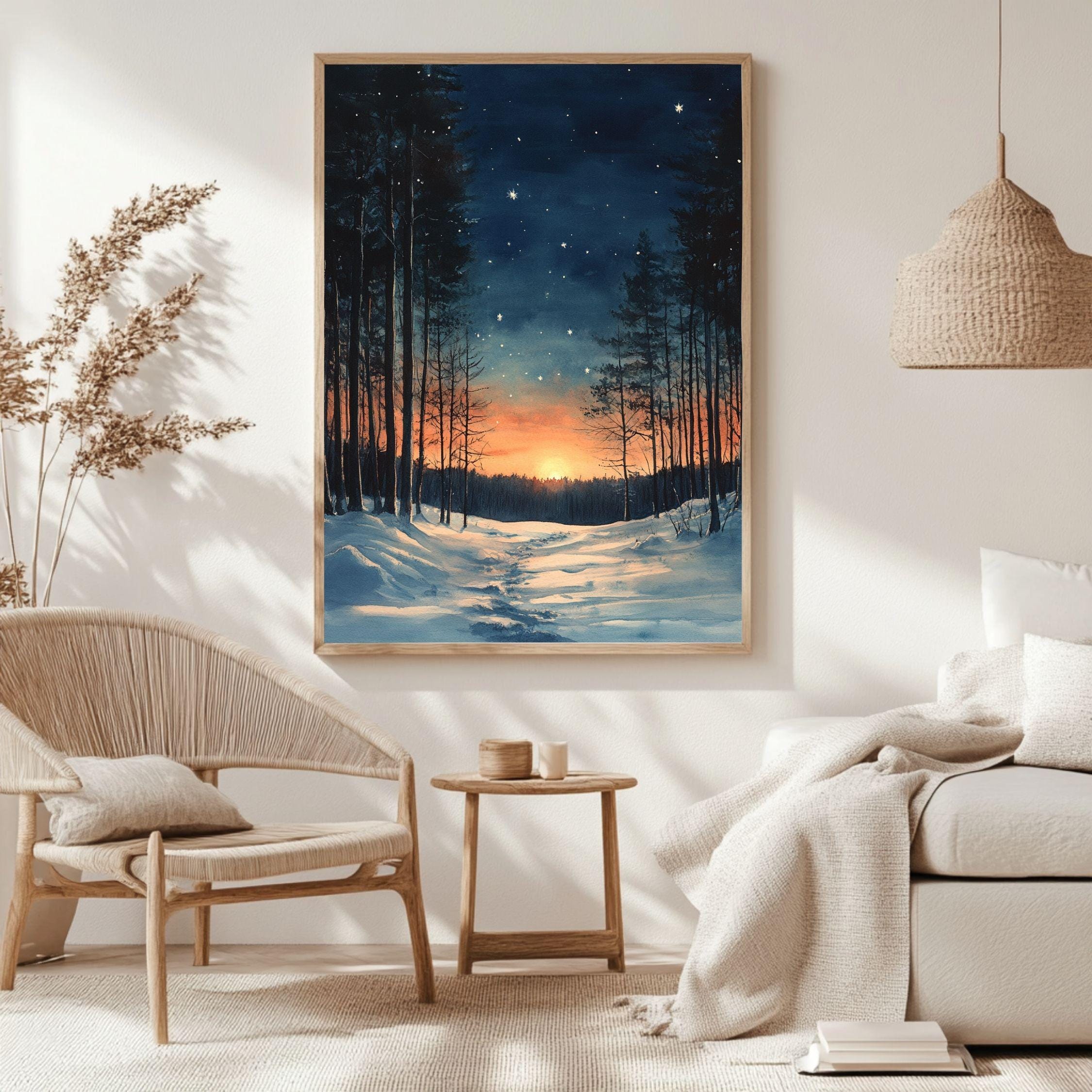 Sunset Forest Trail Framed Canvas Art, Snowy Woodland Glow Winter Wall Decor
