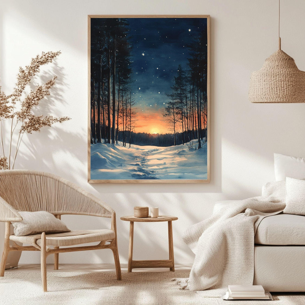 Sunset Forest Trail Framed Canvas Art, Snowy Woodland Glow Winter Wall Decor