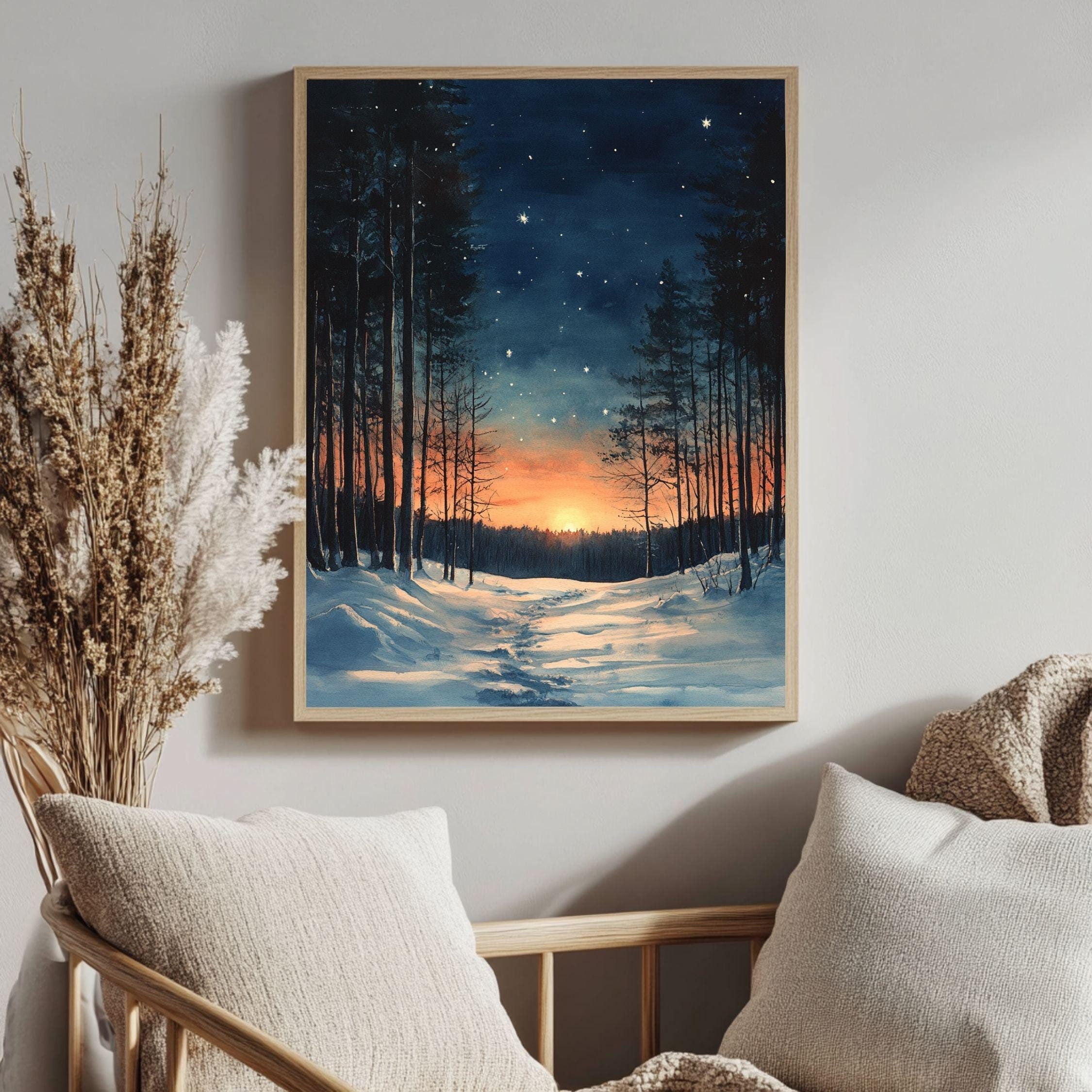 Sunset Forest Trail Framed Canvas Art, Snowy Woodland Glow Winter Wall Decor