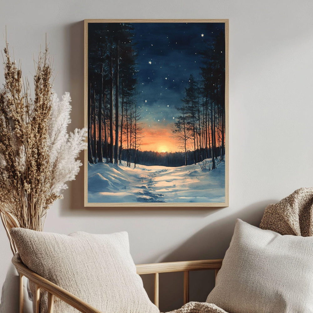 Sunset Forest Trail Framed Canvas Art, Snowy Woodland Glow Winter Wall Decor