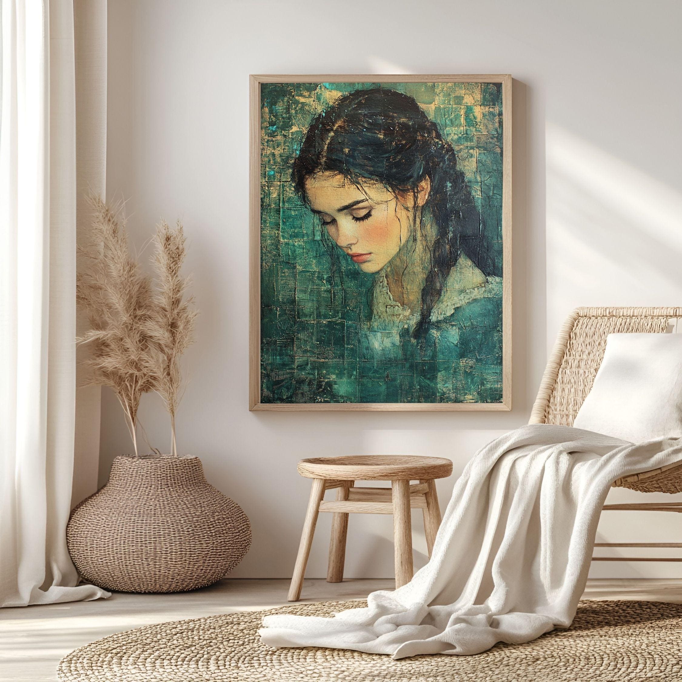 Vintage Girl Canvas Print, Emerald Textured Portrait Framed Wall Art, Girl Home Decor
