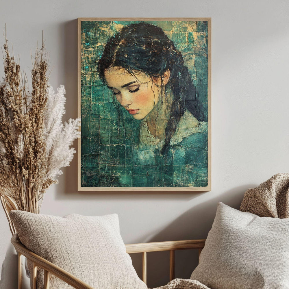 Vintage Girl Canvas Print, Emerald Textured Portrait Framed Wall Art, Girl Home Decor