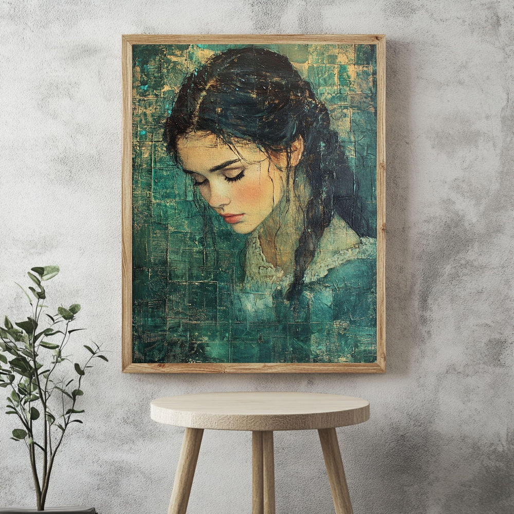 Vintage Girl Canvas Print, Emerald Textured Portrait Framed Wall Art, Girl Home Decor