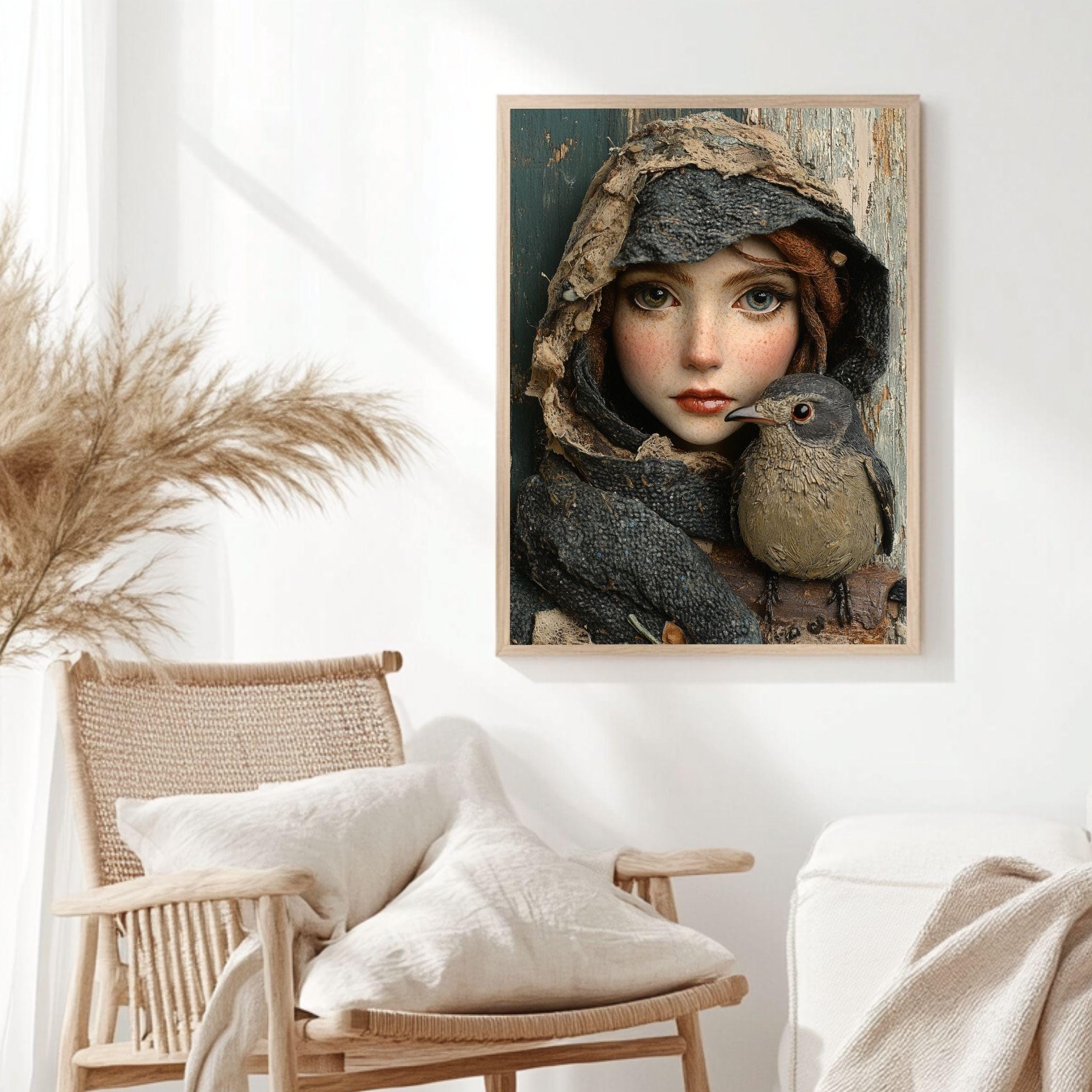 Woodland Girl Bird Framed Canvas Art, Whimsical Rustic Portrait Winter Nature Decor