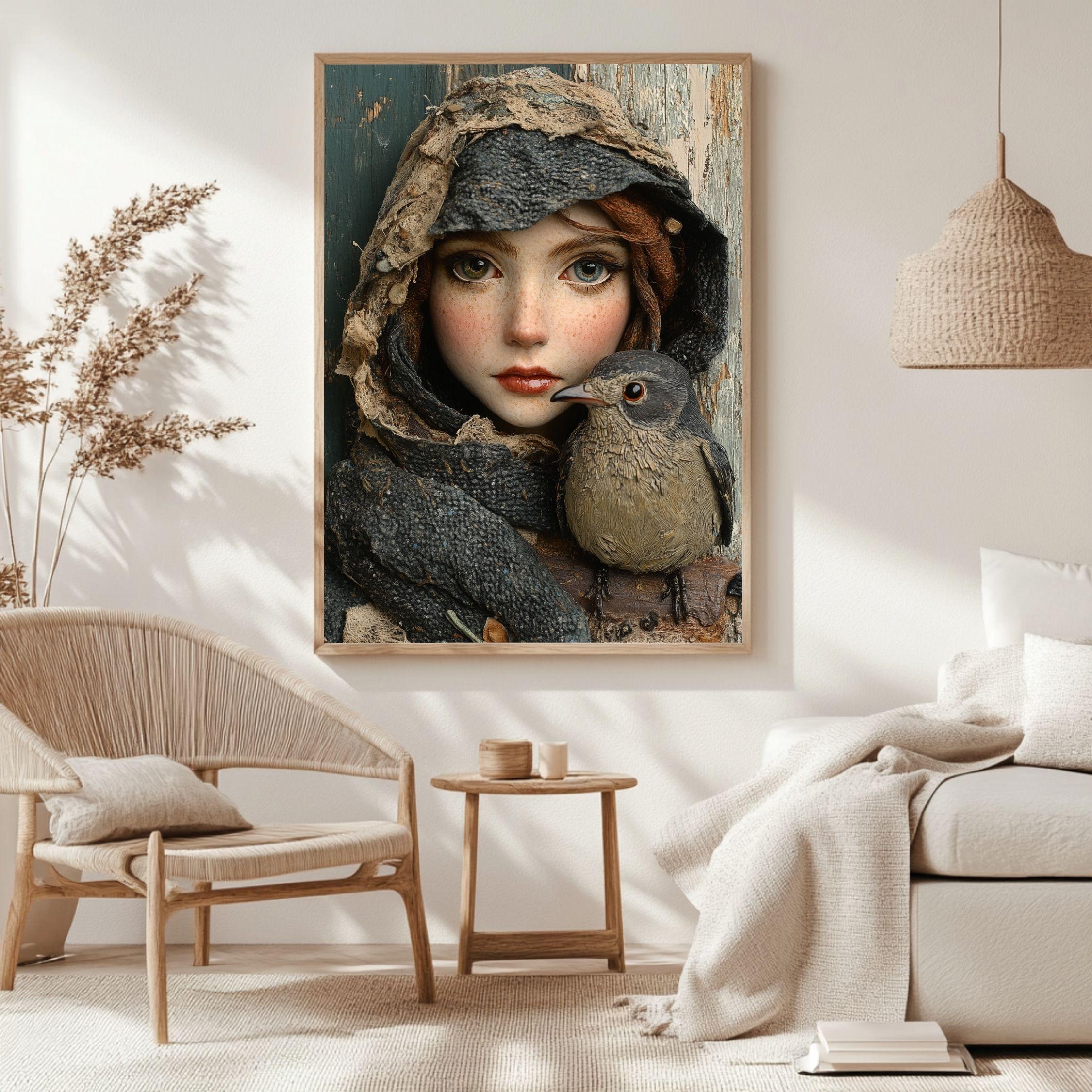 Woodland Girl Bird Framed Canvas Art, Whimsical Rustic Portrait Winter Nature Decor
