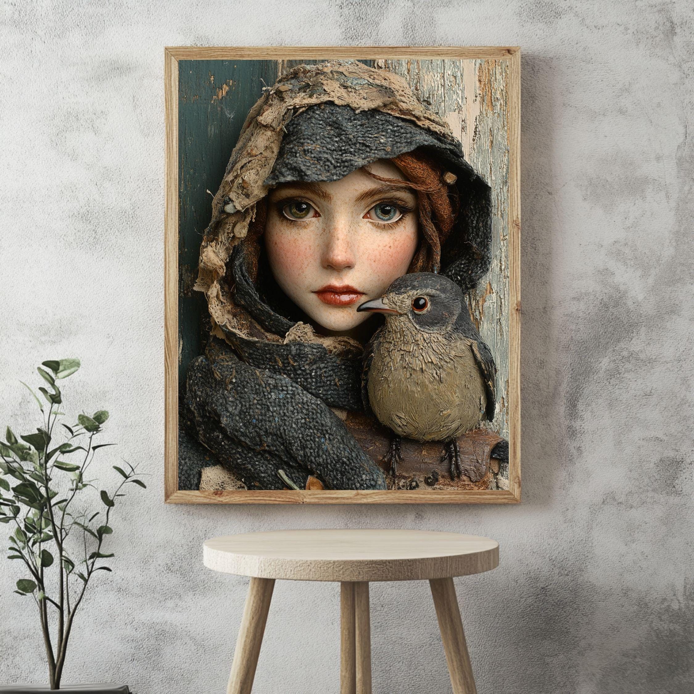 Woodland Girl Bird Framed Canvas Art, Whimsical Rustic Portrait Winter Nature Decor