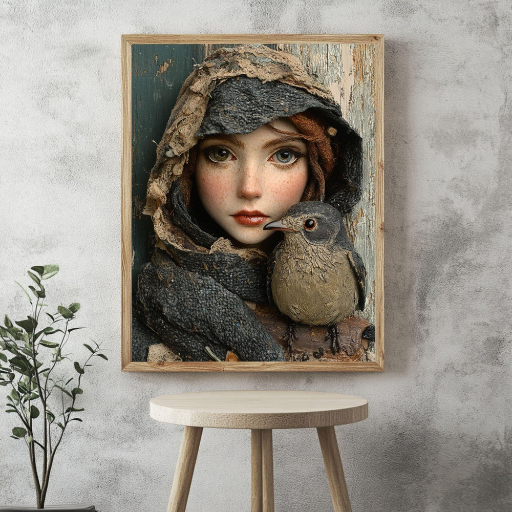 Woodland Girl Bird Framed Canvas Art, Whimsical Rustic Portrait Winter Nature Decor