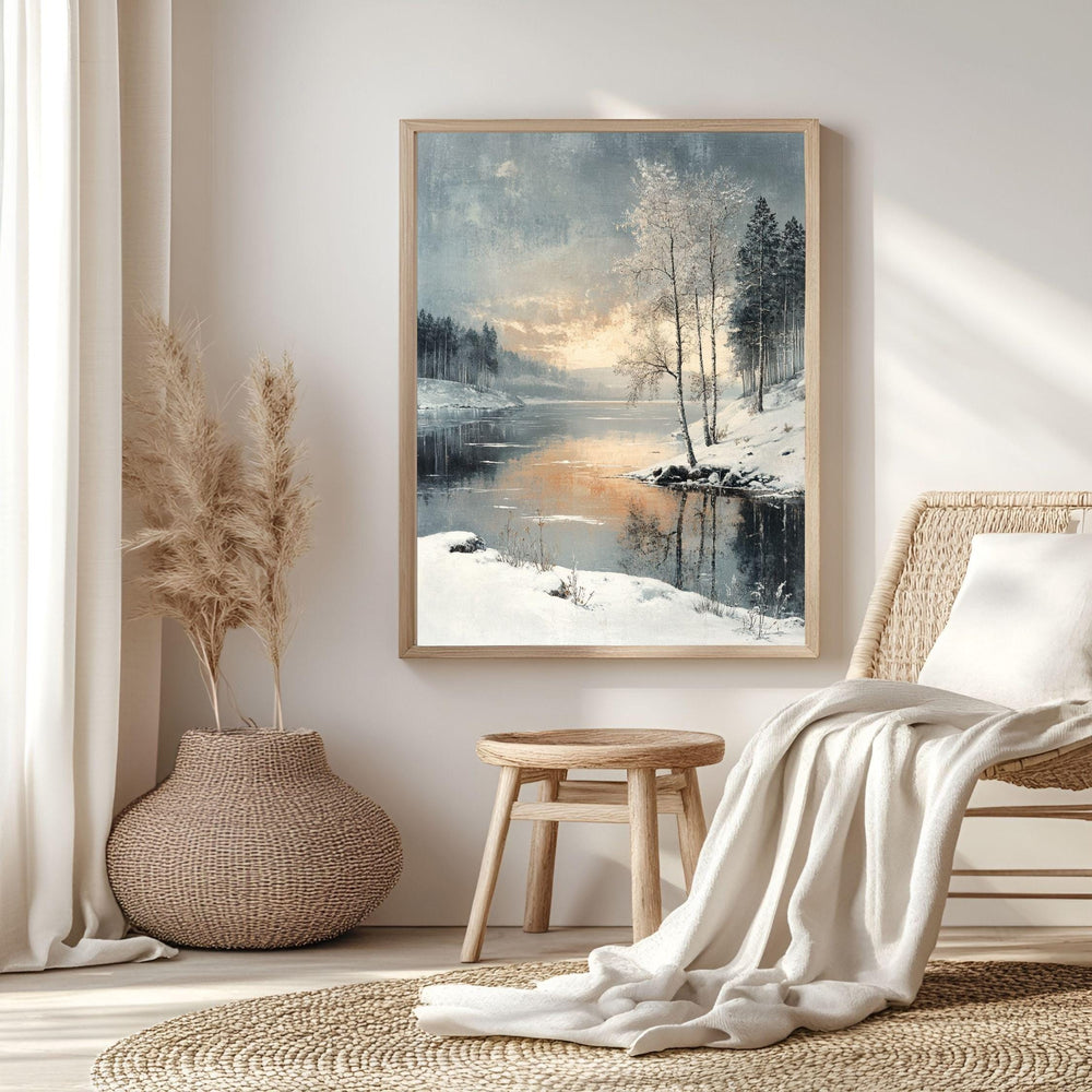 Winter Sunset Lake Framed Canvas Art, Serene Snow Landscape Nature Wall Decor