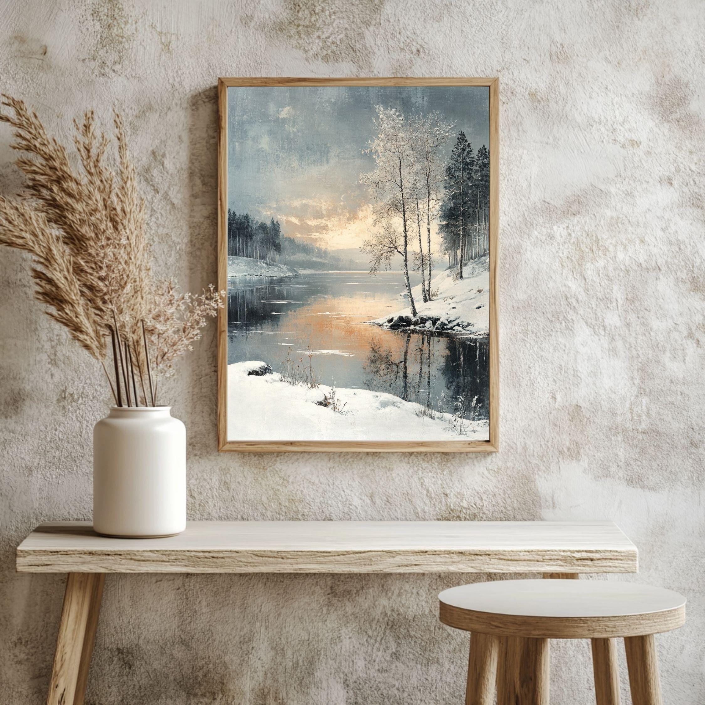 Winter Sunset Lake Framed Canvas Art, Serene Snow Landscape Nature Wall Decor