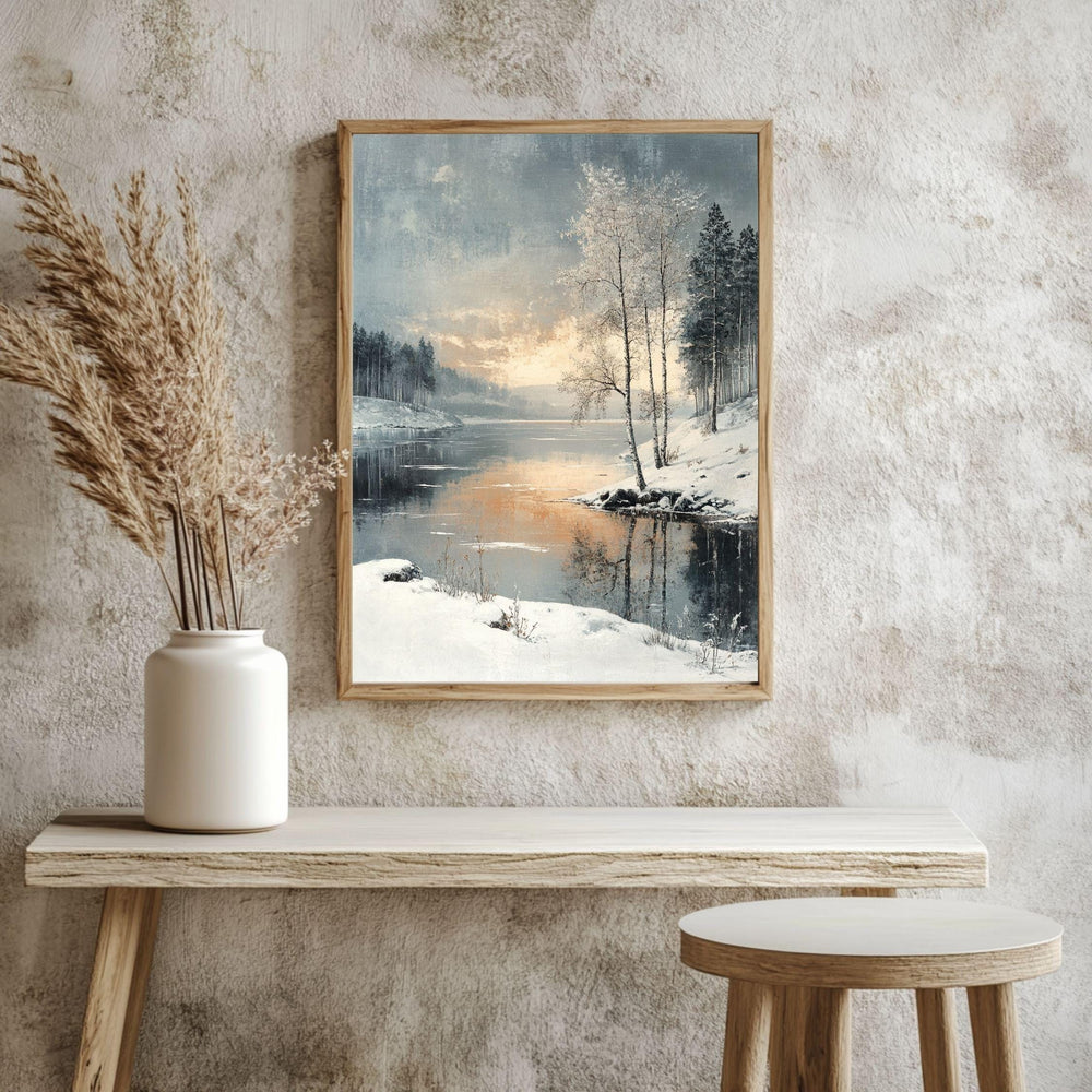 Winter Sunset Lake Framed Canvas Art, Serene Snow Landscape Nature Wall Decor