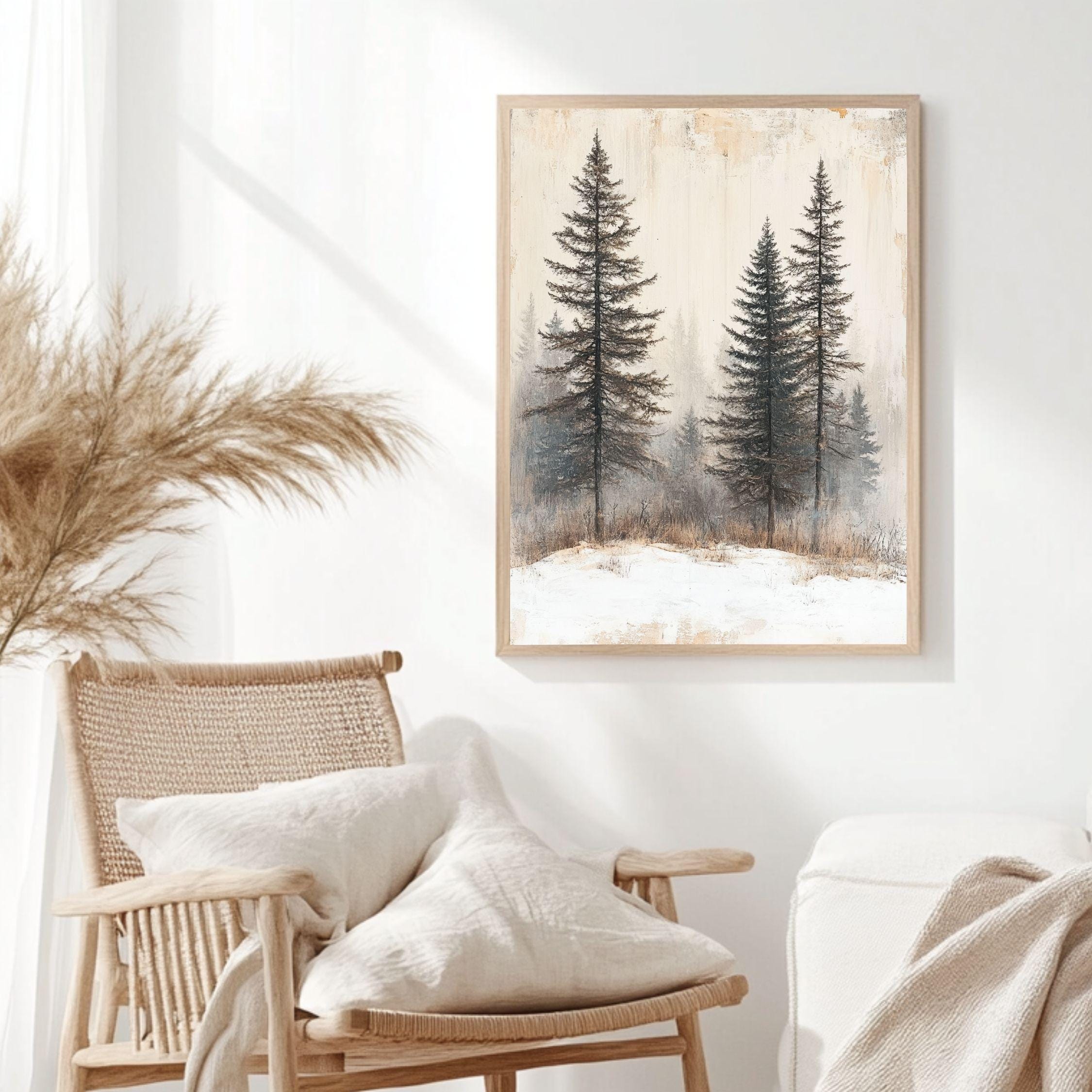 Foggy Pine Forest Framed Canvas Art, Minimal Winter Trees Woodland Wall Decor