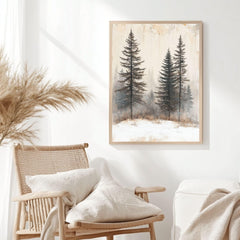 Foggy Pine Forest Framed Canvas Art, Minimal Winter Trees Woodland Wall Decor