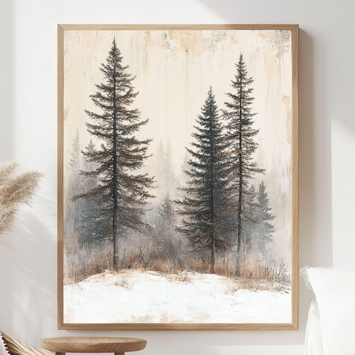 Foggy Pine Forest Framed Canvas Art, Minimal Winter Trees Woodland Wall Decor