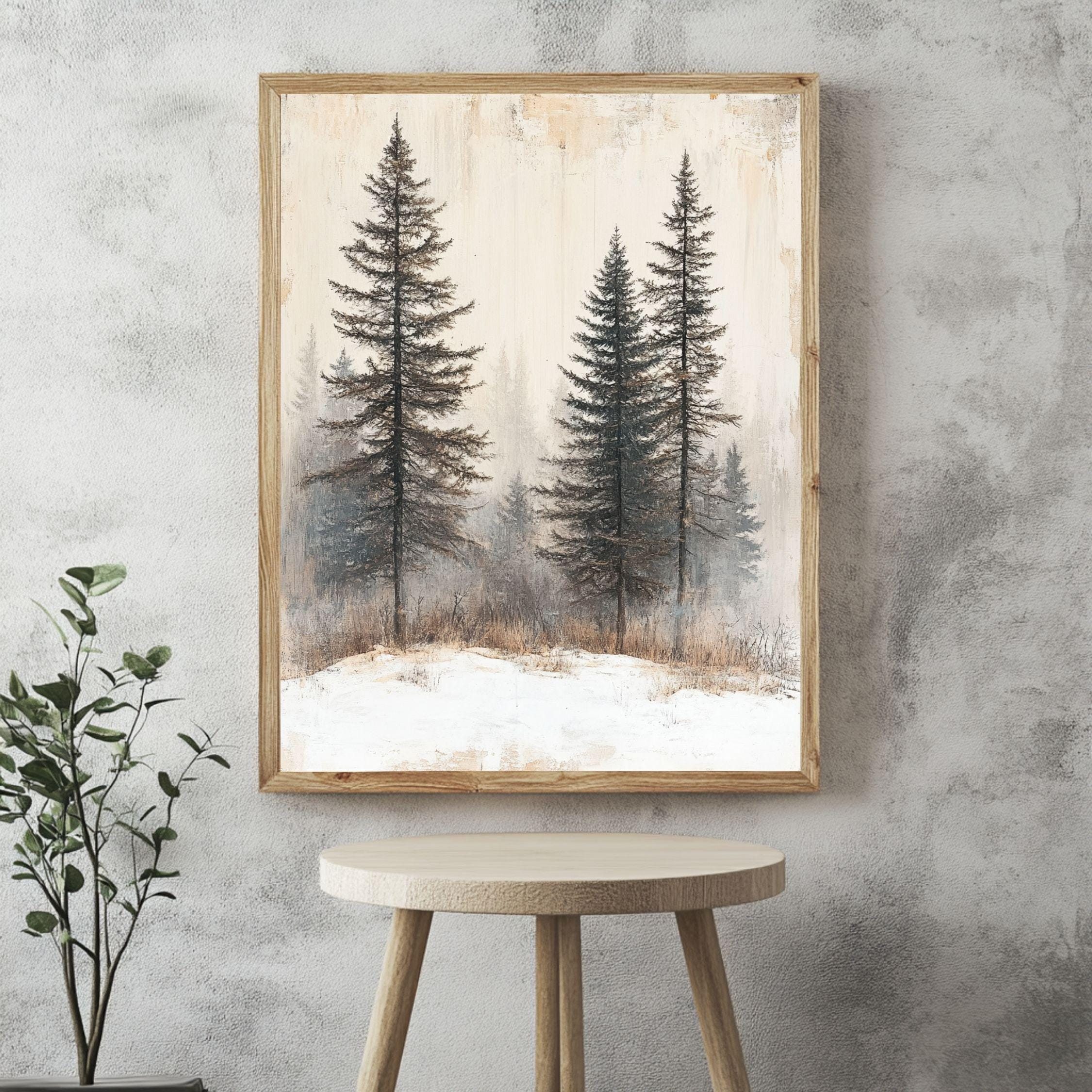 Foggy Pine Forest Framed Canvas Art, Minimal Winter Trees Woodland Wall Decor