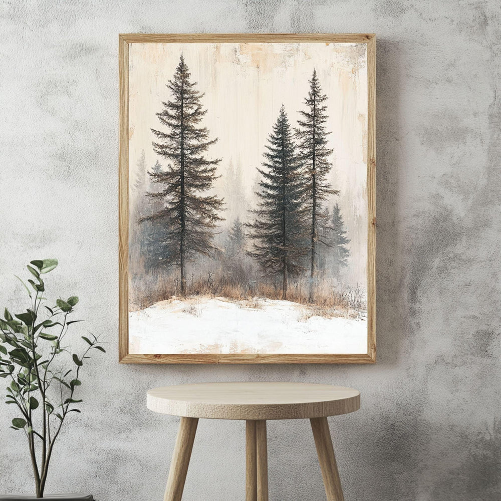 Foggy Pine Forest Framed Canvas Art, Minimal Winter Trees Woodland Wall Decor