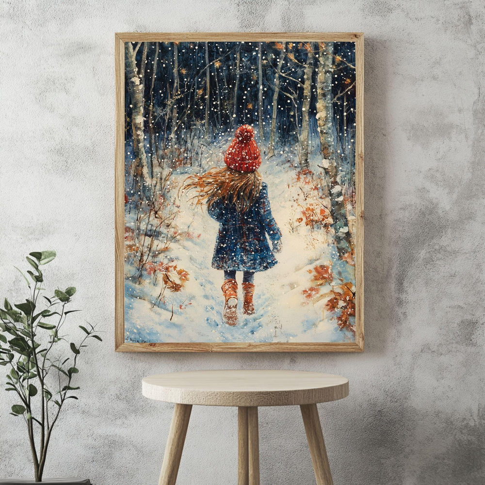 Snowy Forest Girl Framed Canvas Art, Cozy Winter Scene Whimsical Nature Decor