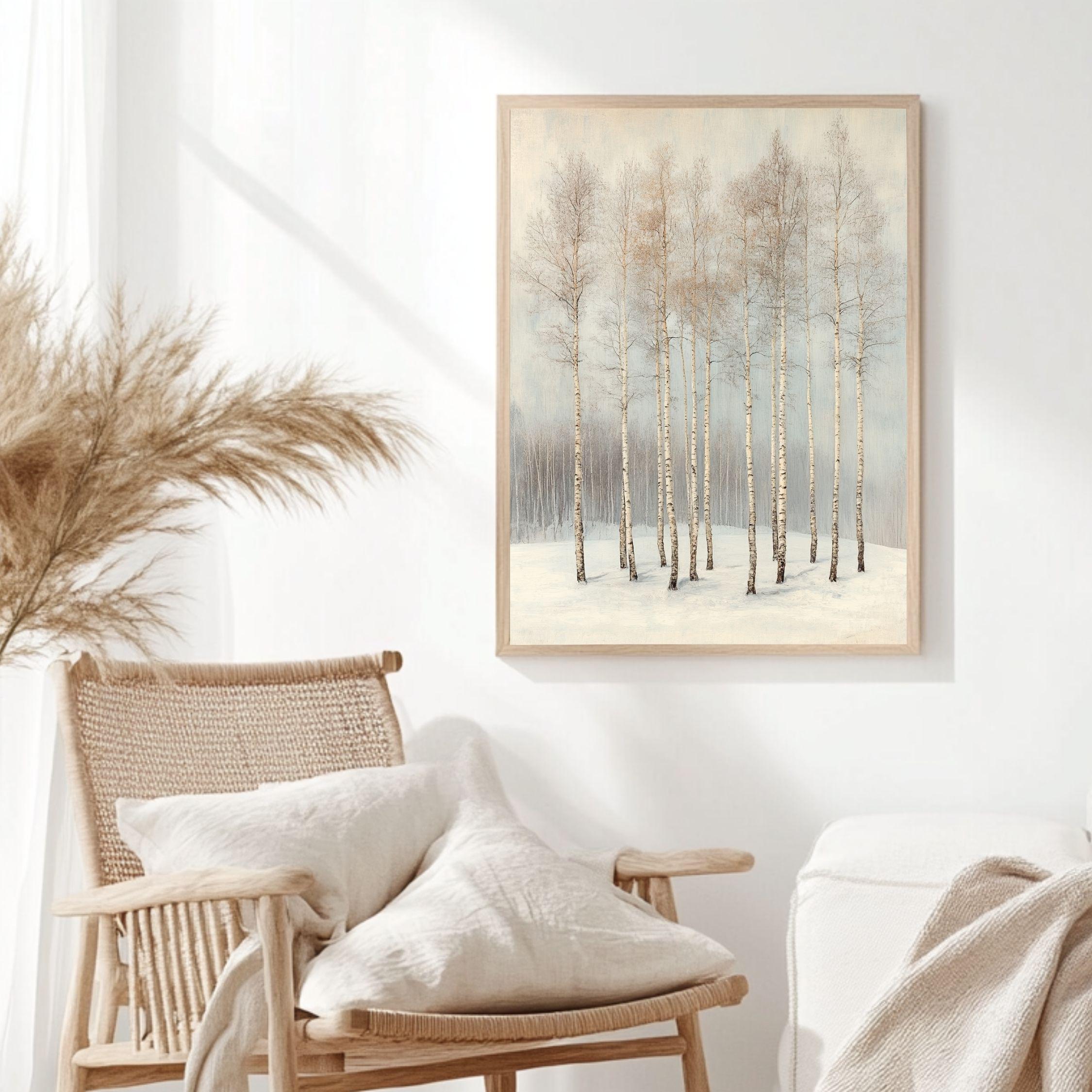 Winter Birch Grove Framed Canvas Art, Neutral Snowy Trees Minimal Nature Decor