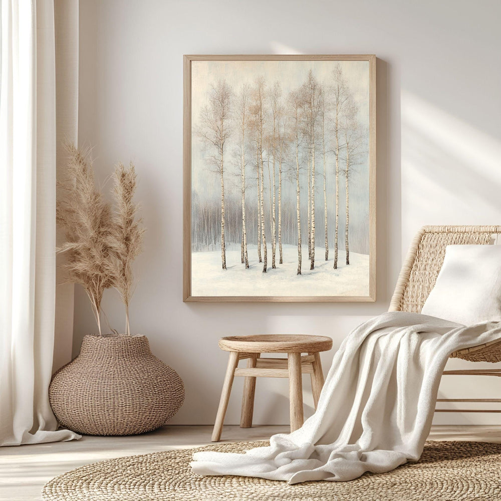 Winter Birch Grove Framed Canvas Art, Neutral Snowy Trees Minimal Nature Decor