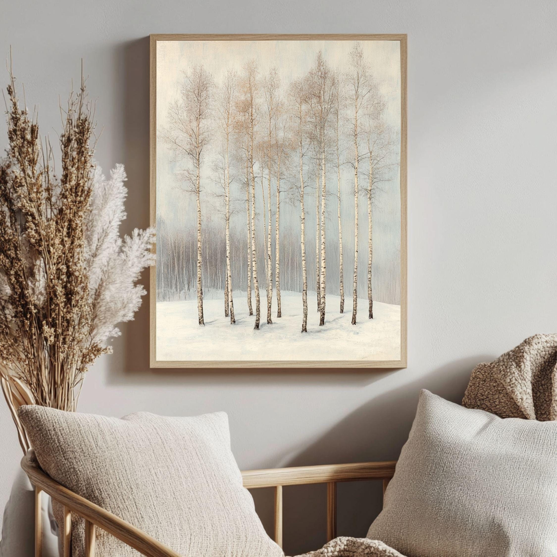 Winter Birch Grove Framed Canvas Art, Neutral Snowy Trees Minimal Nature Decor
