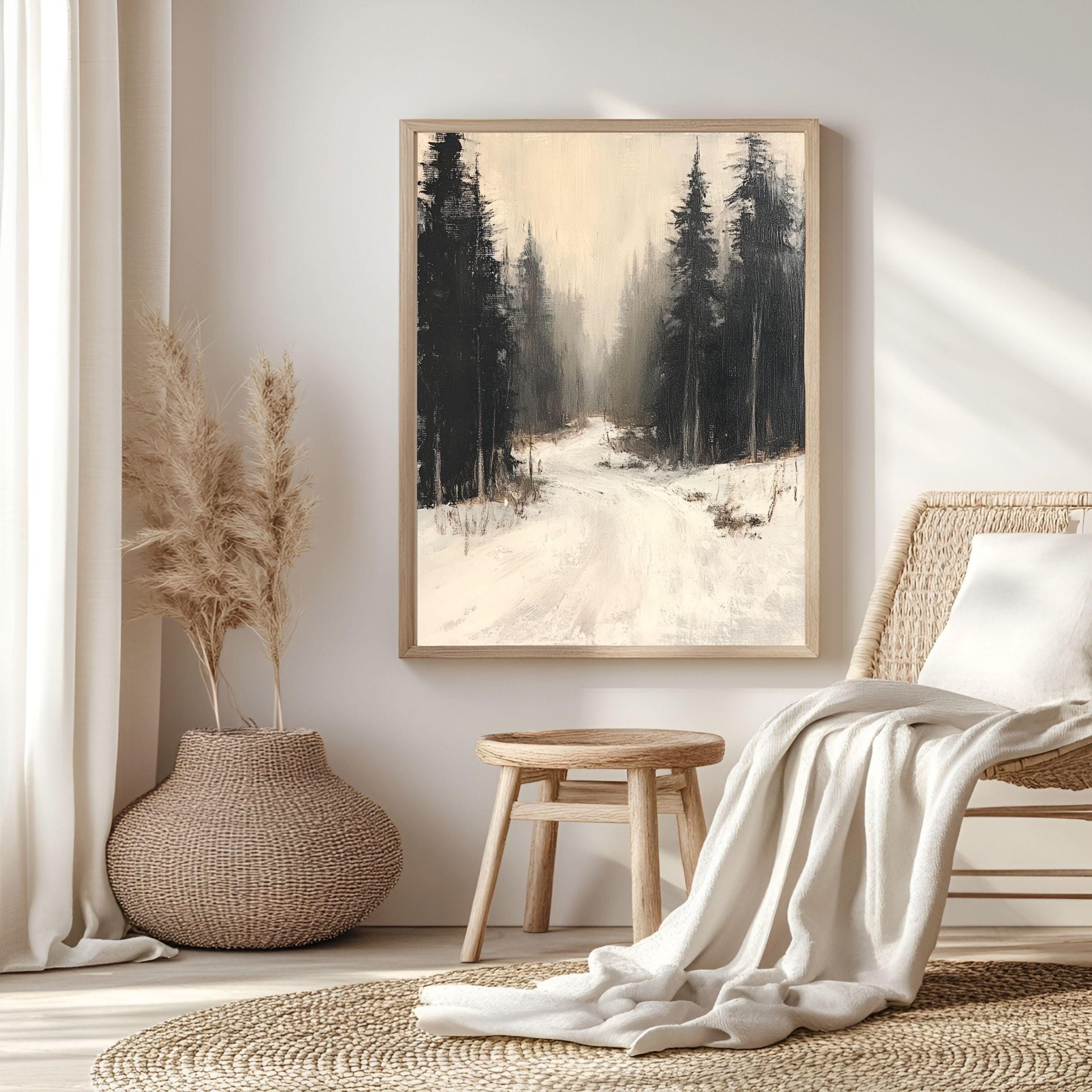 Forest Path Canvas Art, Neutral Winter Woodland Landscape Rustic Decor, Misty Framed Painting