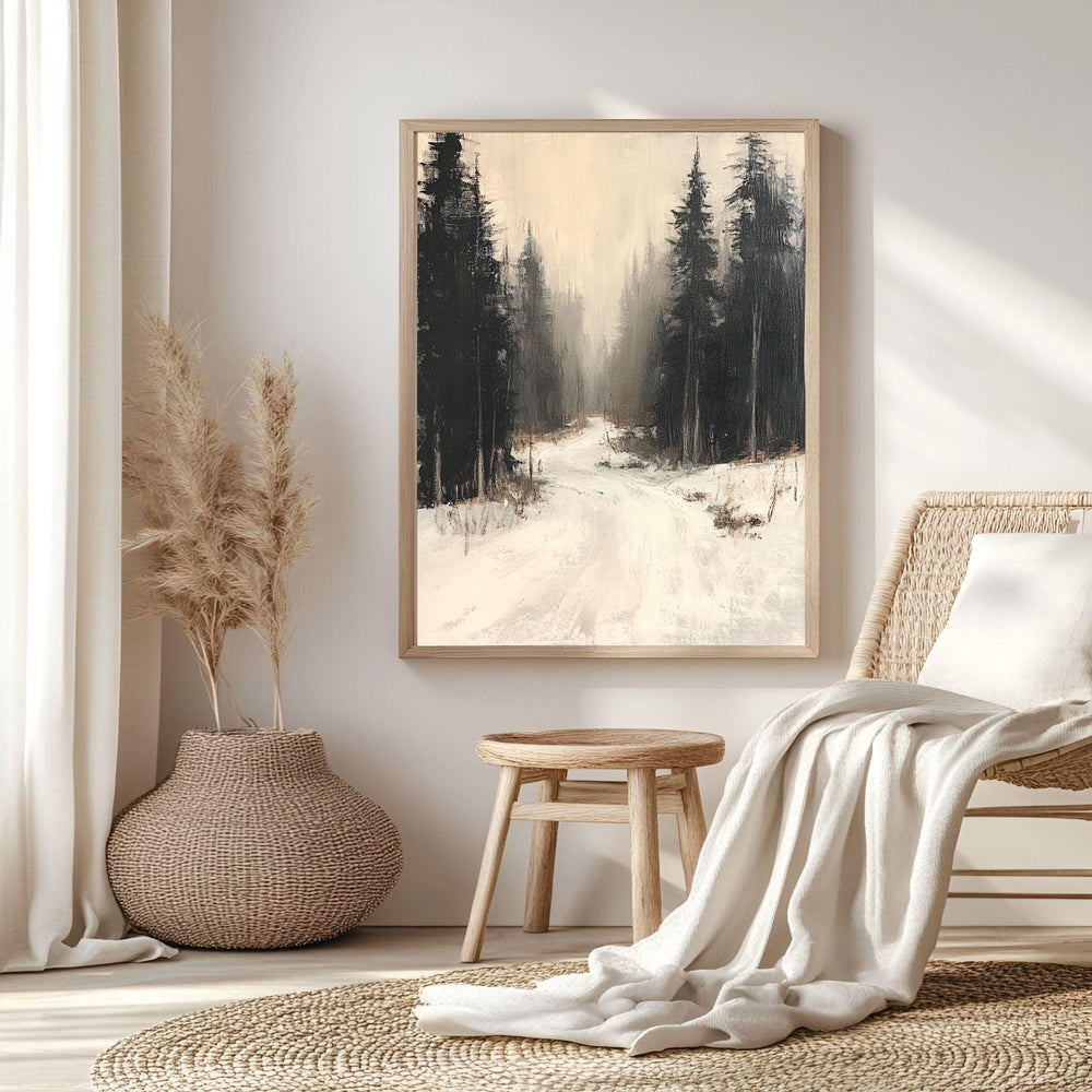 Forest Path Canvas Art, Neutral Winter Woodland Landscape Rustic Decor, Misty Framed Painting