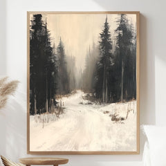 Forest Path Canvas Art, Neutral Winter Woodland Landscape Rustic Decor, Misty Framed Painting