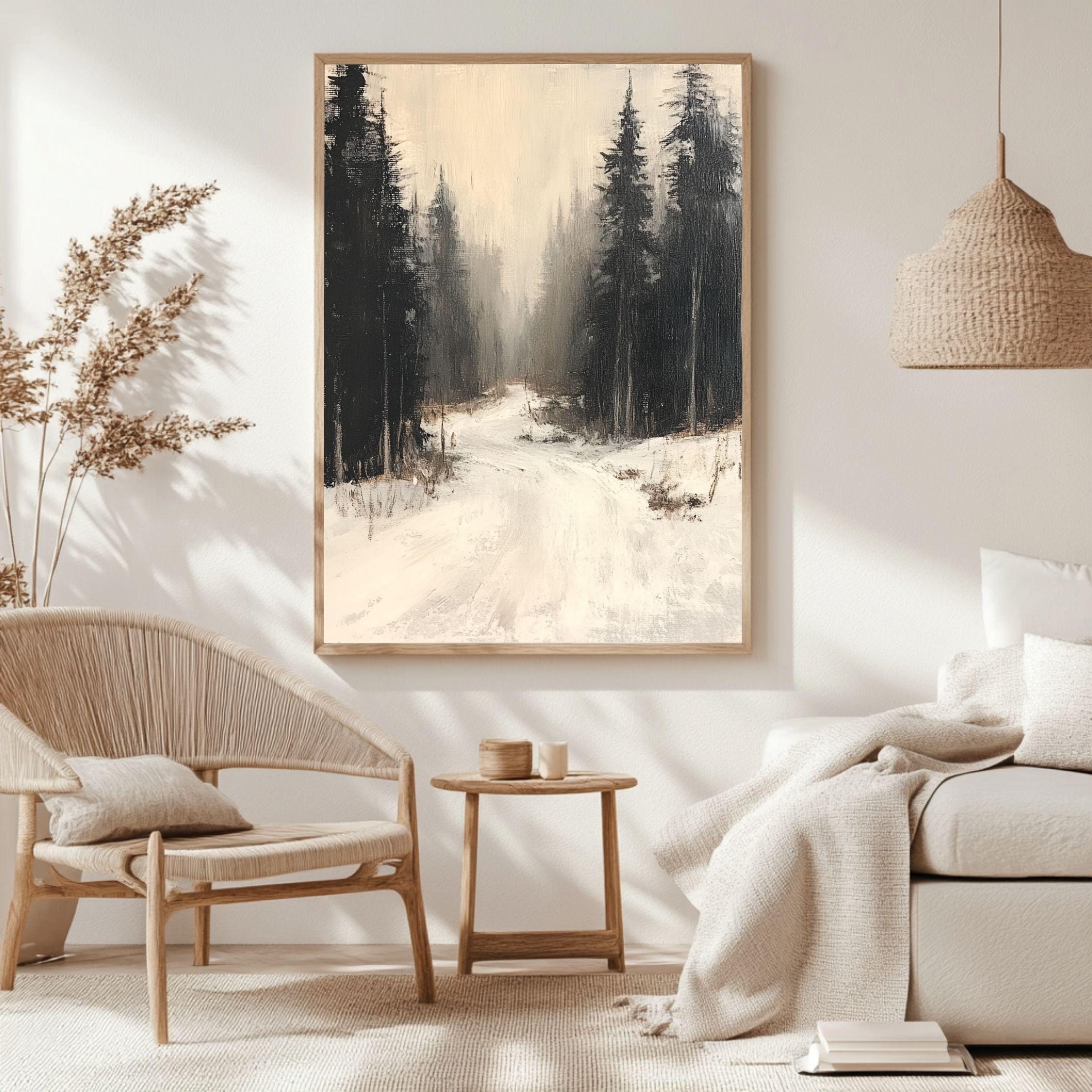 Forest Path Canvas Art, Neutral Winter Woodland Landscape Rustic Decor, Misty Framed Painting