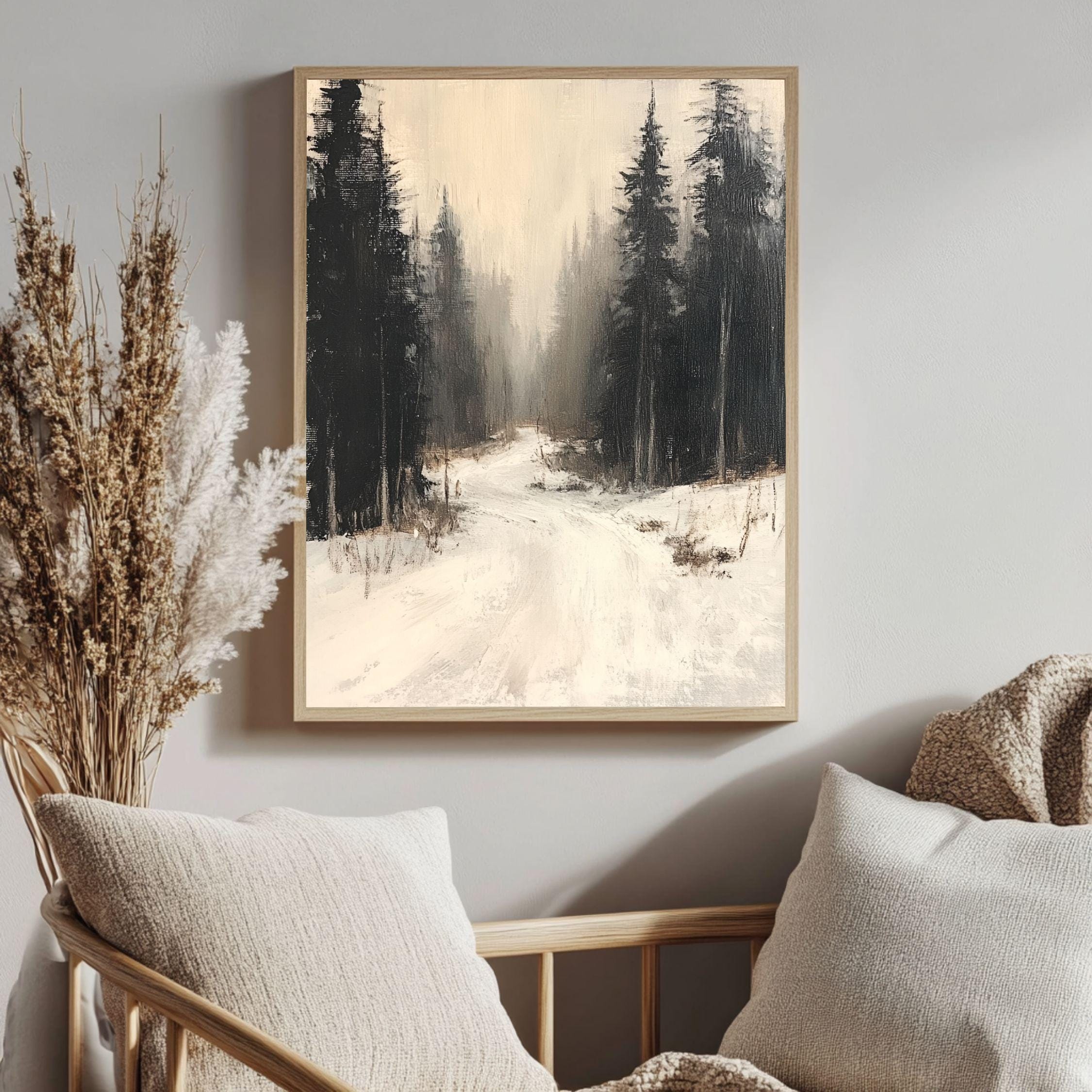 Forest Path Canvas Art, Neutral Winter Woodland Landscape Rustic Decor, Misty Framed Painting
